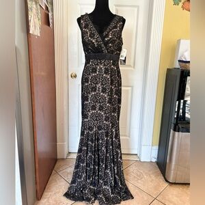 Betsy & Adam Black lace formal gown.